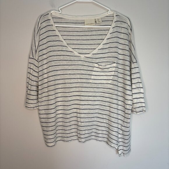 CYNTHIA ROWLEY 100% Linen Short Sleeve Tee Womens L V-Neck Navy Stripe Cream - Picture 5 of 6